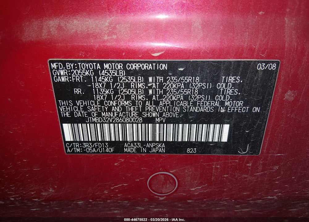 2008 TOYOTA RAV4 SPORT VIN: JTMBD32V286080028