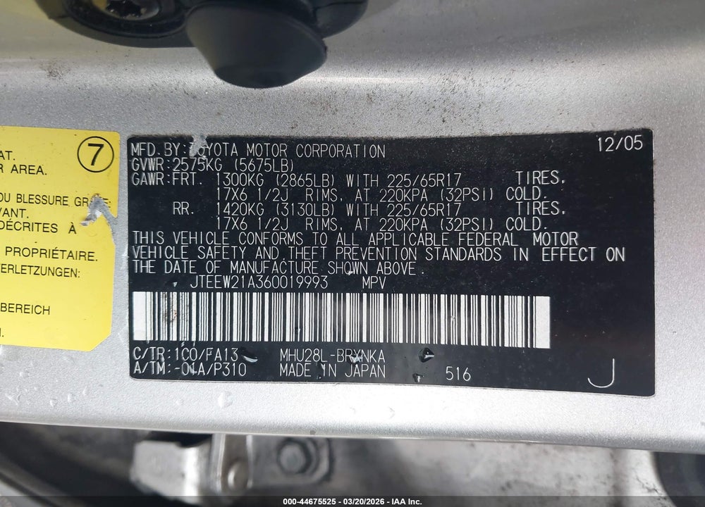 2006 TOYOTA HIGHLANDER HYBRID V6 VIN: JTEEW21A360019993