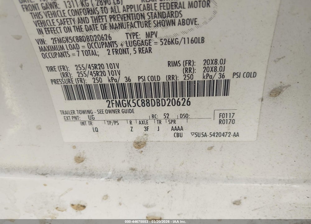 2013 FORD FLEX SEL VIN: 2FMGK5C88DBD20626
