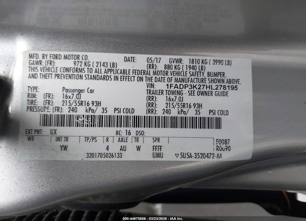 2017 FORD FOCUS SE VIN: 1FADP3K27HL278195