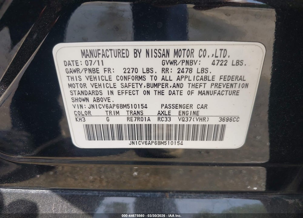 2011 INFINITI G37 JOURNEY VIN: JN1CV6AP6BM510154