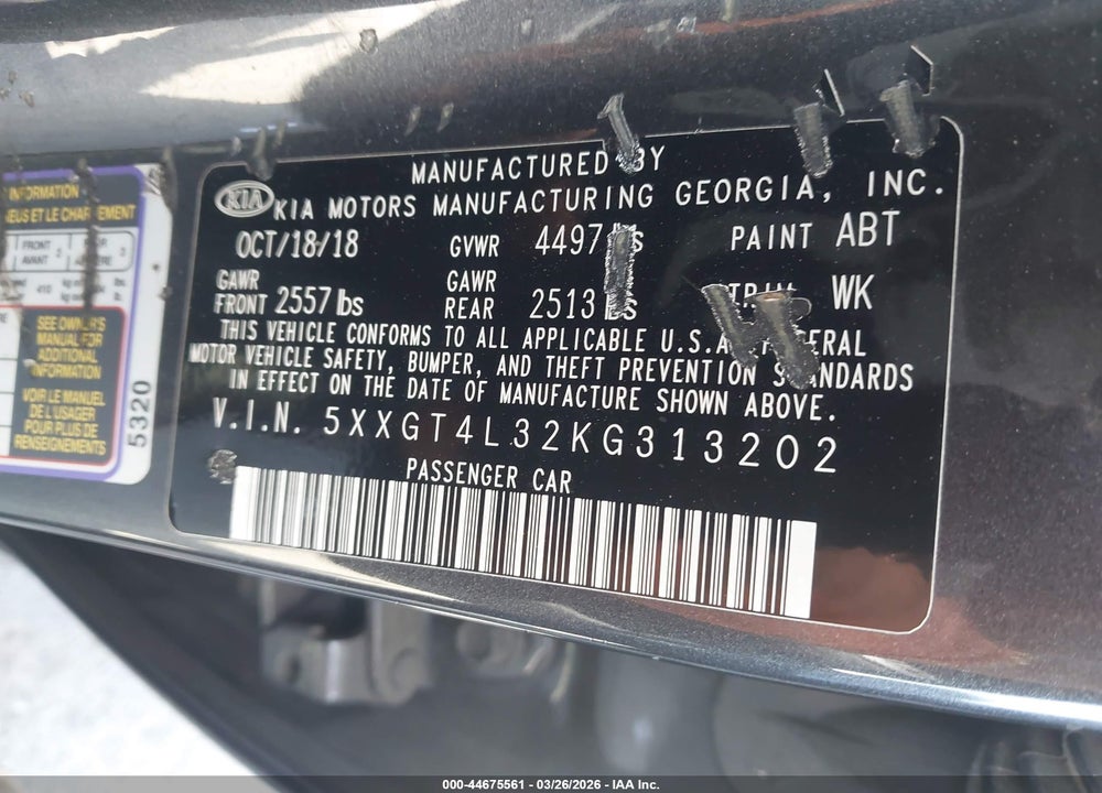 2019 KIA OPTIMA S VIN: 5XXGT4L32KG313202