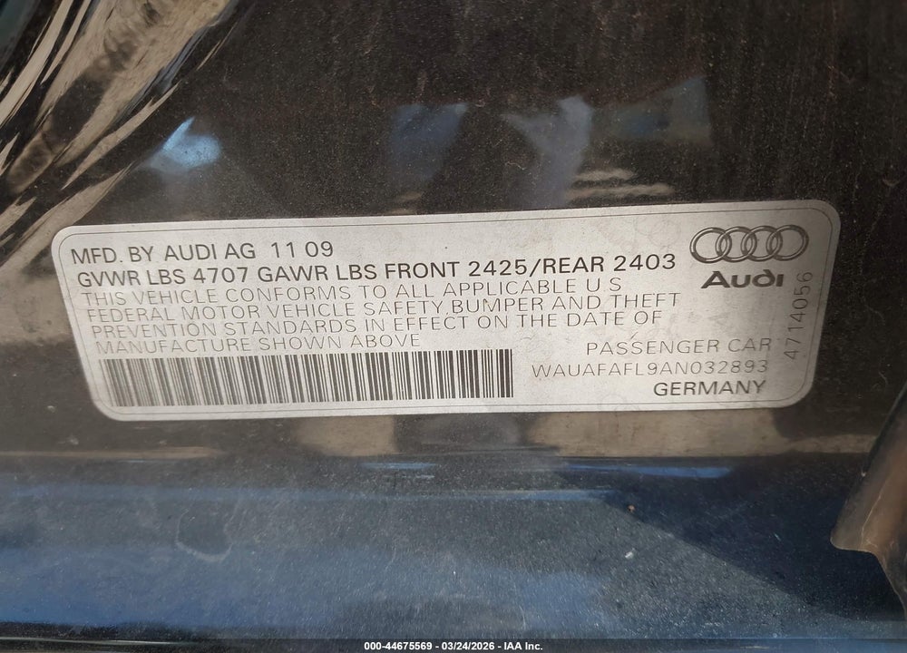 2010 AUDI A4 2.0T PREMIUM VIN: WAUAFAFL9AN032893