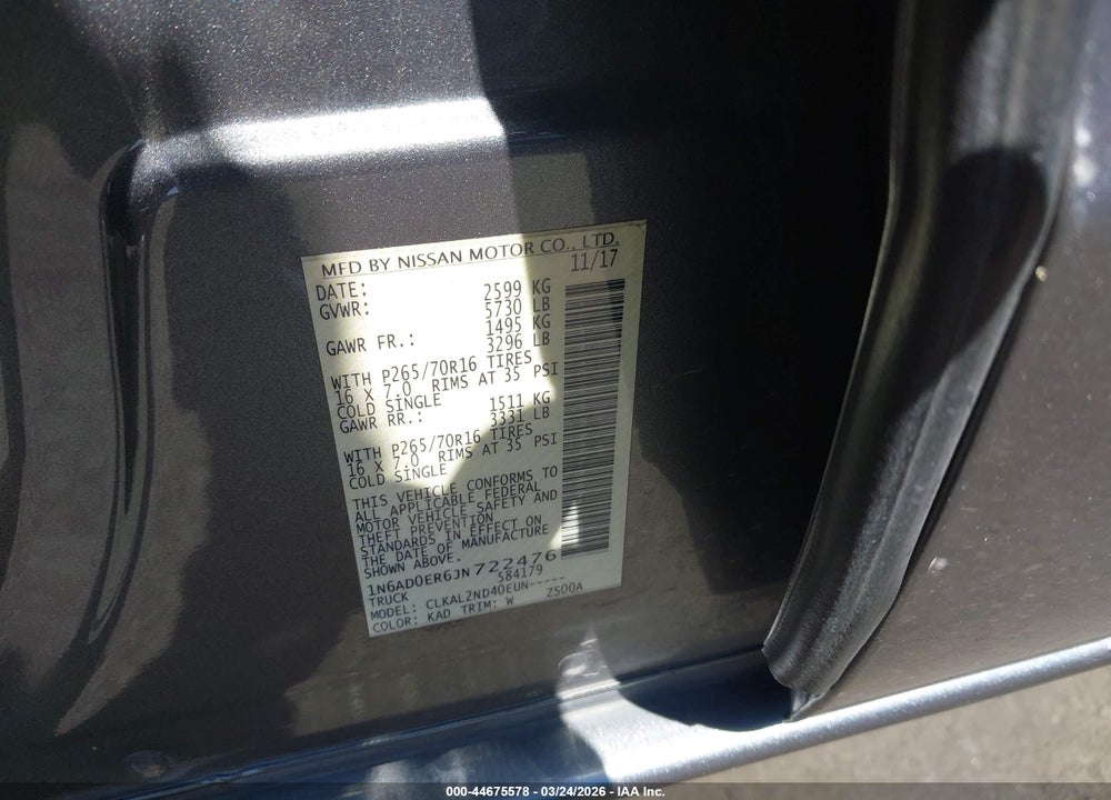 2018 NISSAN FRONTIER SV VIN: 1N6AD0ER6JN722476