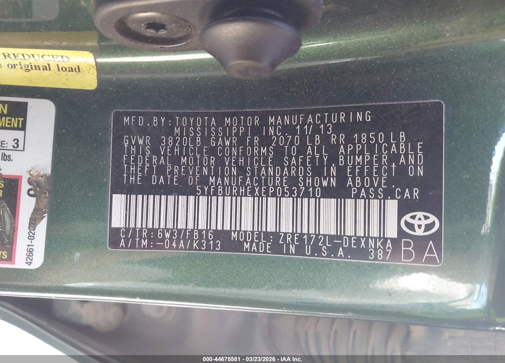 2014 TOYOTA COROLLA LE VIN: 5YFBURHEXEP053710