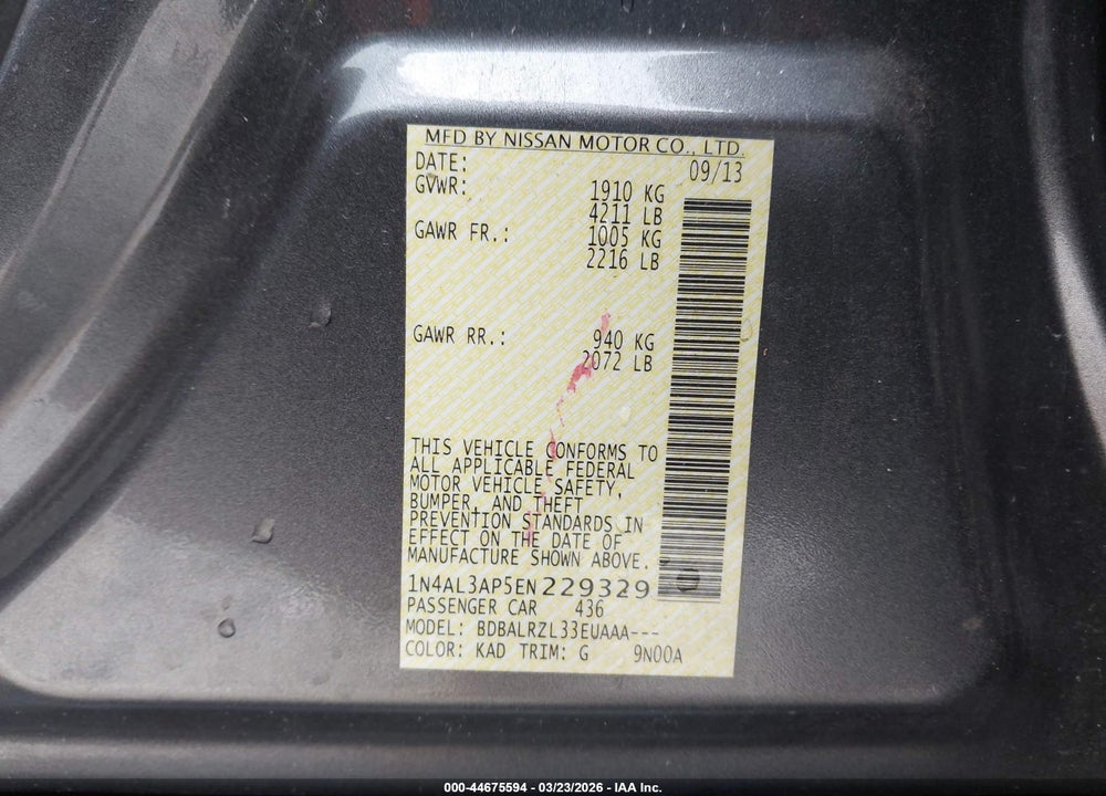2014 NISSAN ALTIMA 2.5 S VIN: 1N4AL3AP5EN229329
