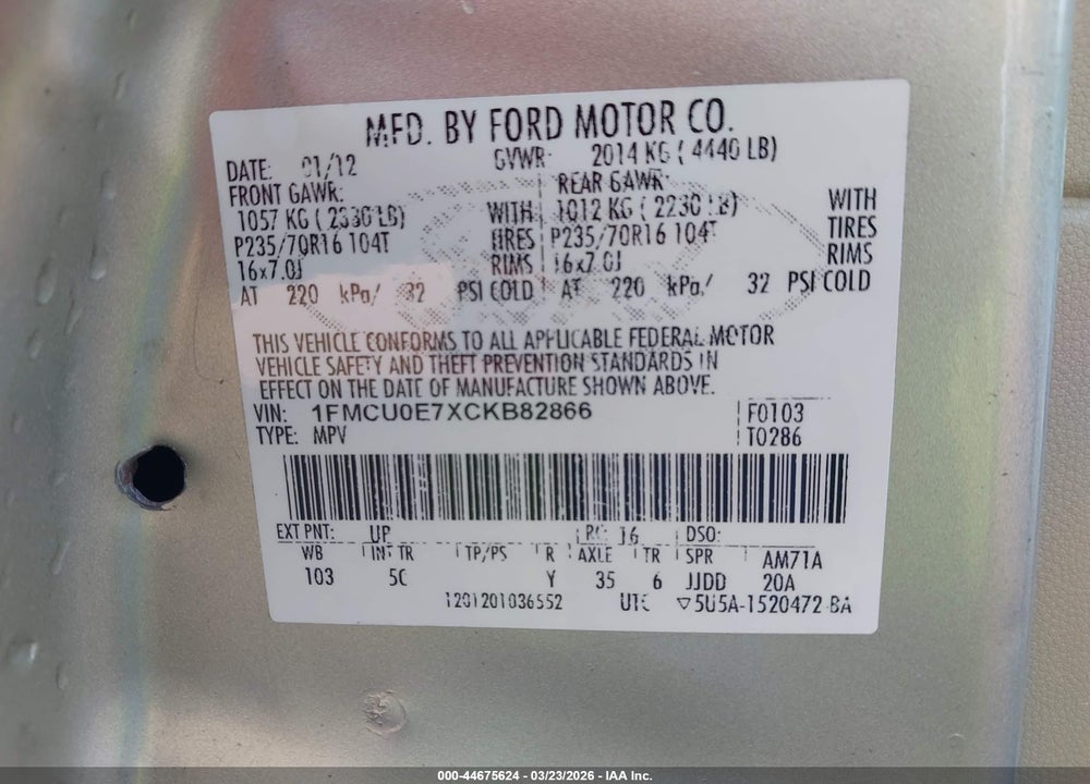 2012 FORD ESCAPE LIMITED VIN: 1FMCU0E7XCKB82866