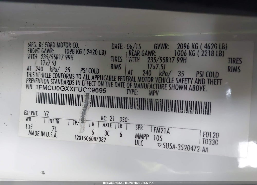 2015 FORD ESCAPE SE VIN: 1FMCU0GXXFUC89695