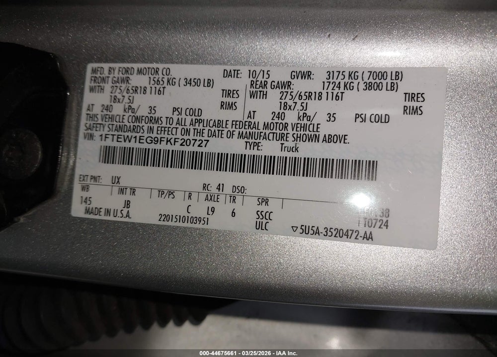 2015 FORD F-150 XLT VIN: 1FTEW1EG9FKF20727