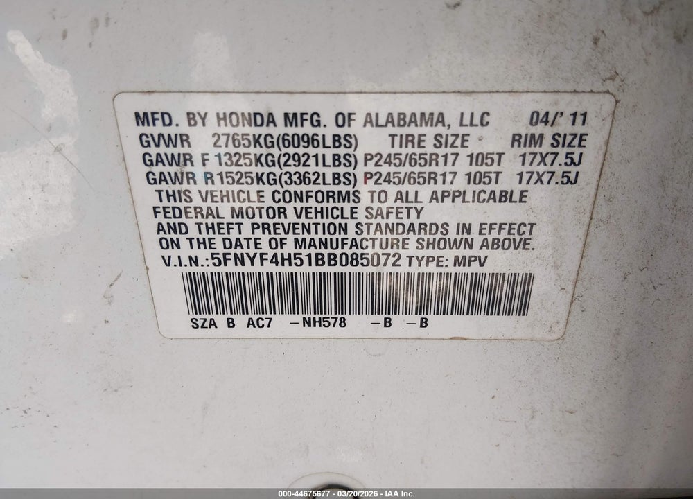 2011 HONDA PILOT EX-L VIN: 5FNYF4H51BB085072