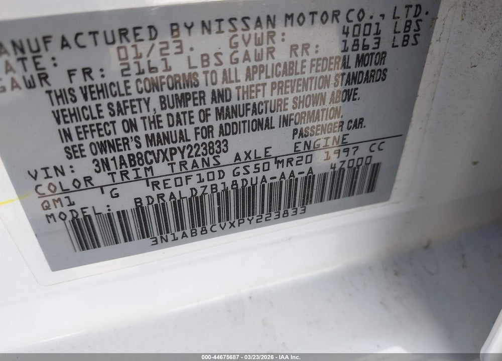 2023 NISSAN SENTRA SV XTRONIC CVT VIN: 3N1AB8CVXPY223833