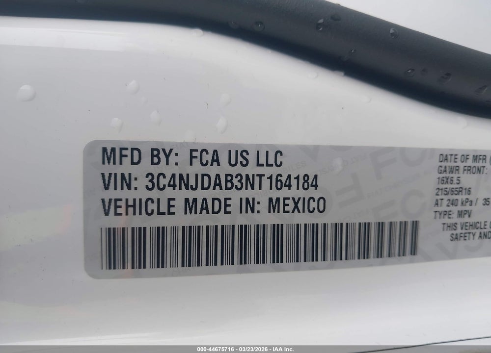 2022 JEEP COMPASS SPORT 4X4 VIN: 3C4NJDAB3NT164184