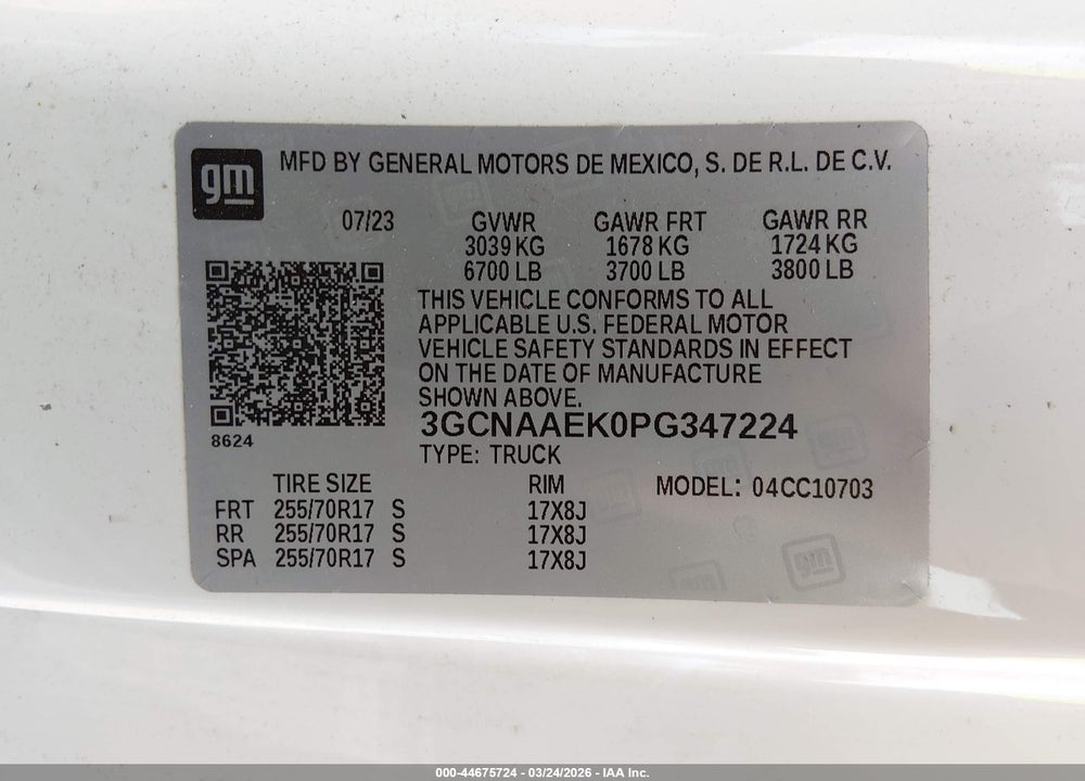 2023 CHEVROLET SILVERADO 1500 2WD  STANDARD BED WT VIN: 3GCNAAEK0PG347224