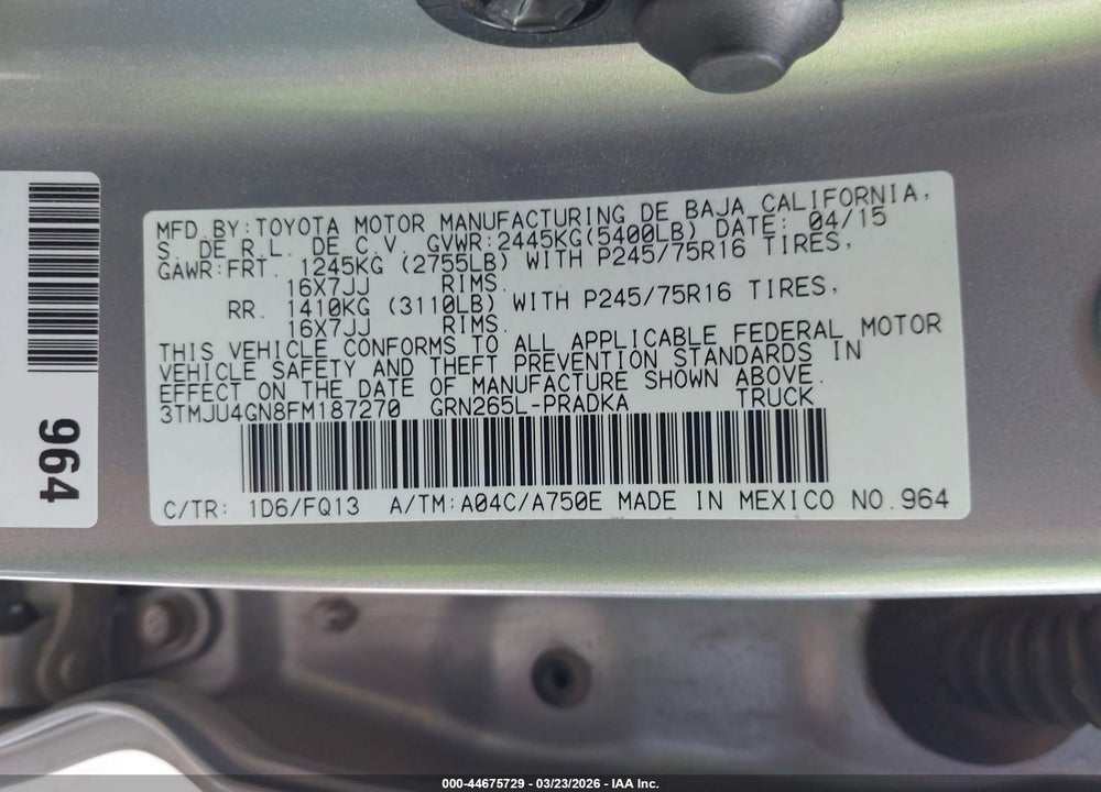 2015 TOYOTA TACOMA PRERUNNER V6 VIN: 3TMJU4GN8FM187270