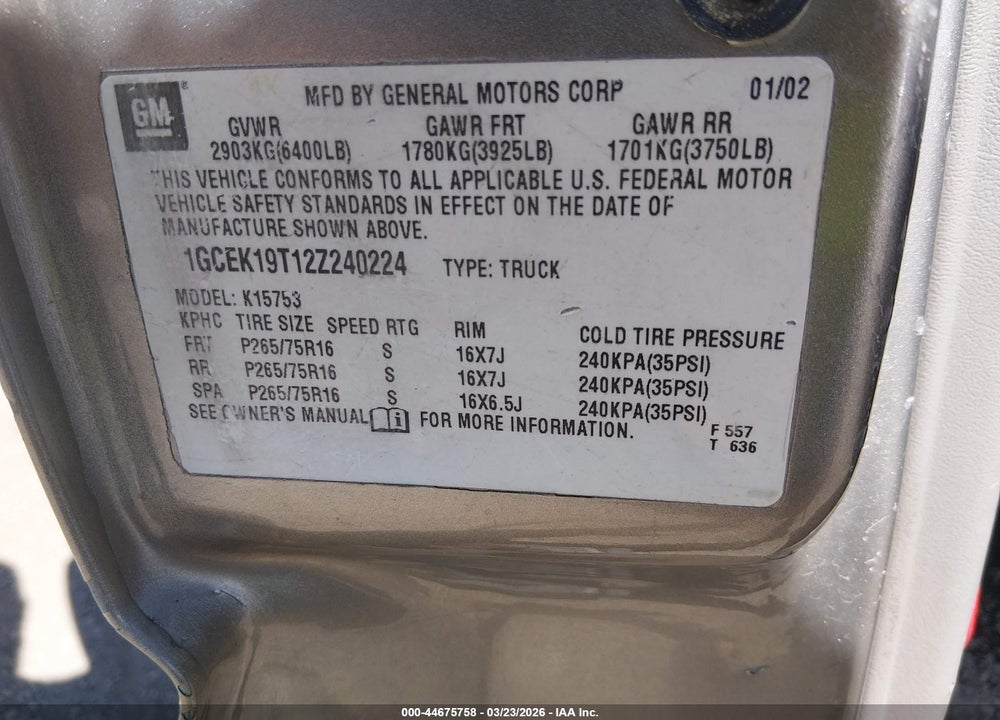 2002 CHEVROLET SILVERADO 1500 LT VIN: 1GCEK19T12Z240224