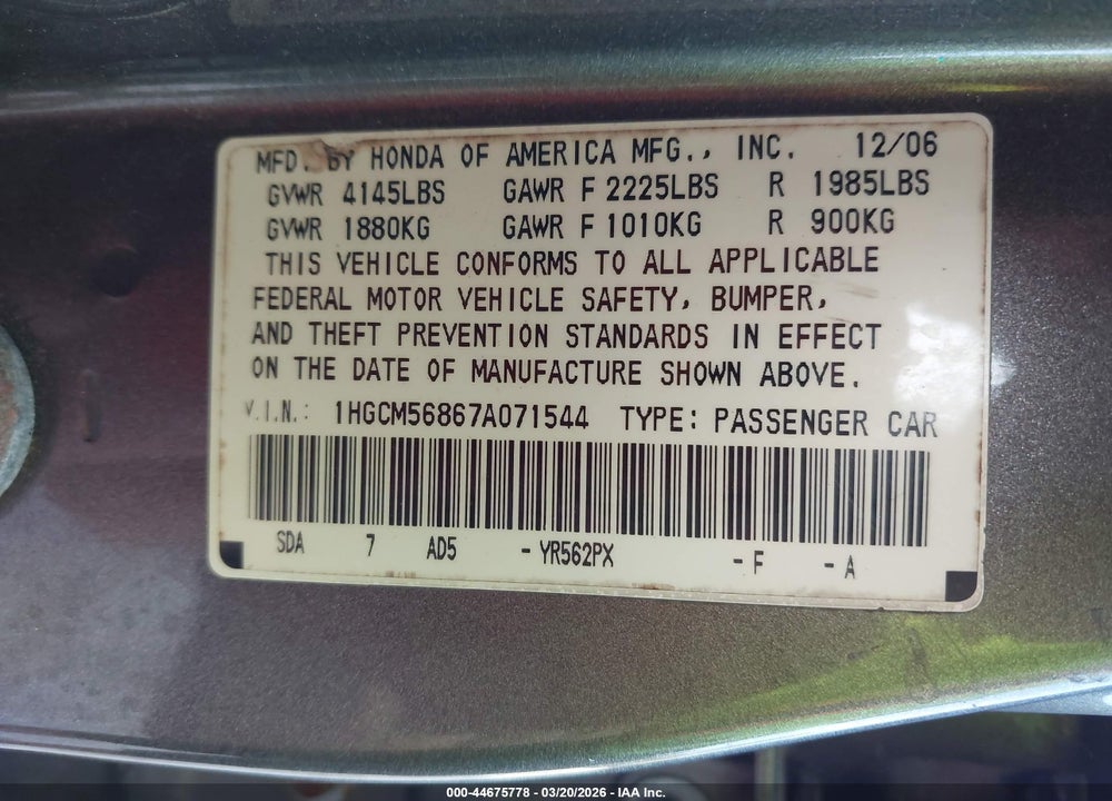 2007 HONDA ACCORD 2.4 EX VIN: 1HGCM56867A071544