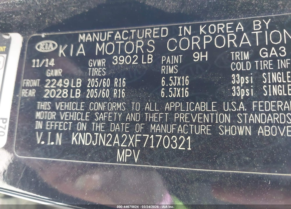 2015 KIA SOUL VIN: KNDJN2A2XF7170321
