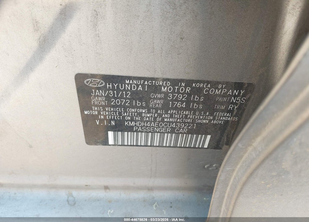 2012 HYUNDAI ELANTRA LIMITED (ULSAN PLANT) VIN: KMHDH4AE0CU439221