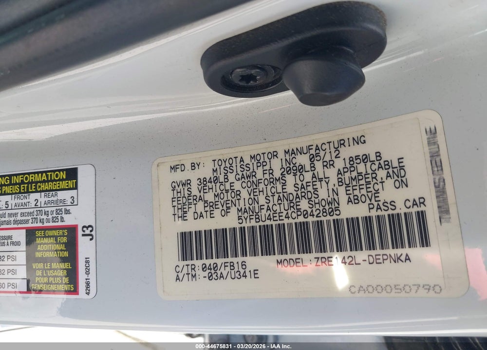 2012 TOYOTA COROLLA LE VIN: 5YFBU4EE4CP042805
