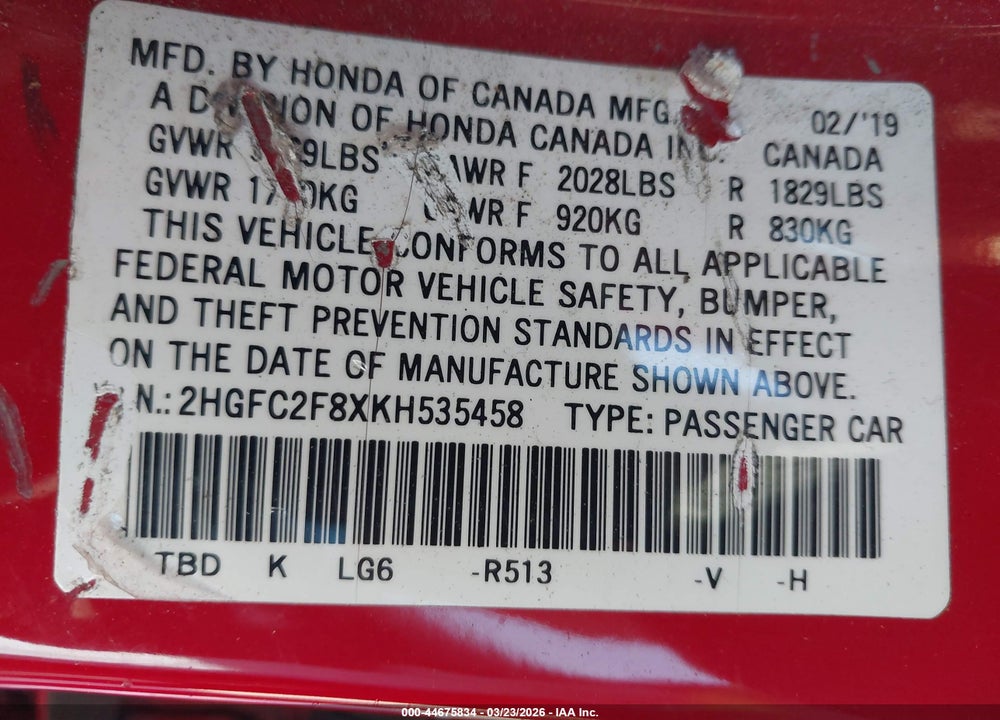 2019 HONDA CIVIC SPORT VIN: 2HGFC2F8XKH535458