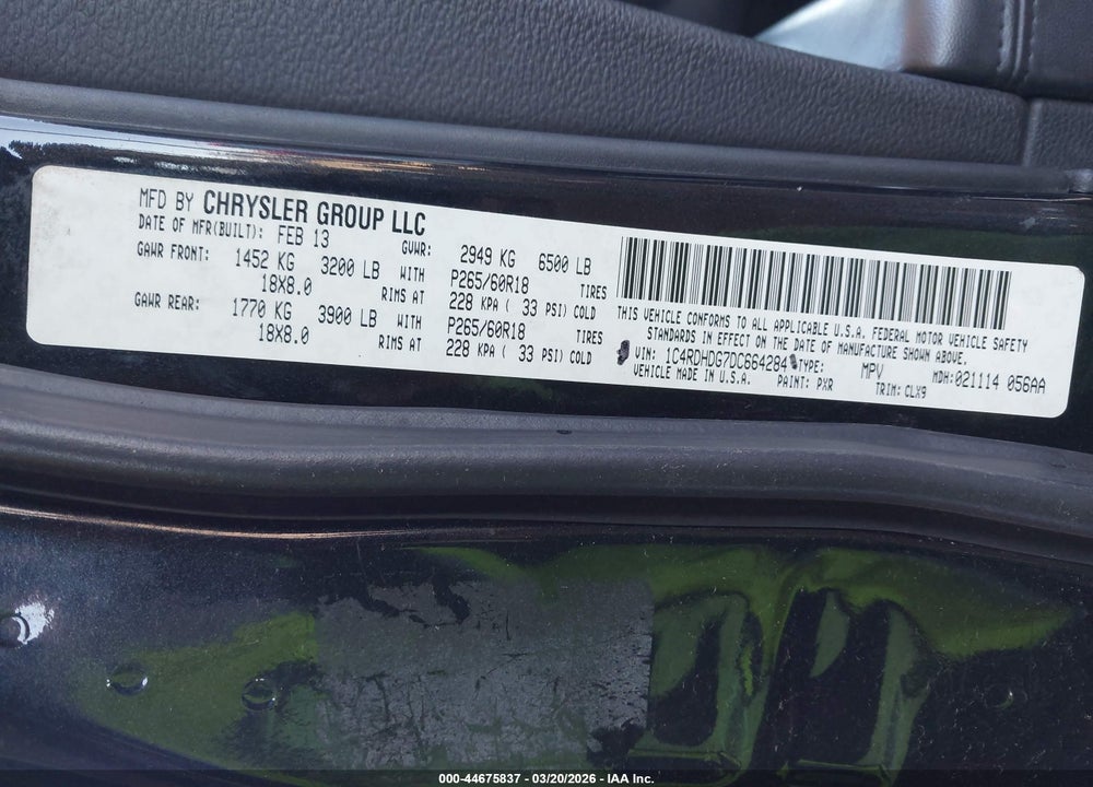 2013 DODGE DURANGO CREW VIN: 1C4RDHDG7DC664284