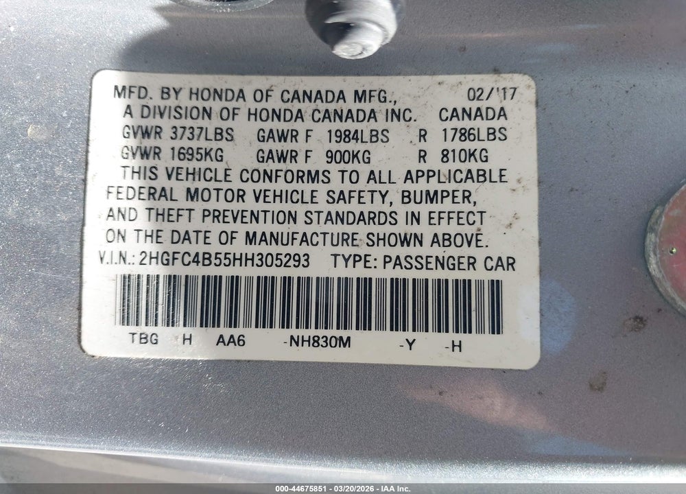 2017 HONDA CIVIC LX VIN: 2HGFC4B55HH305293