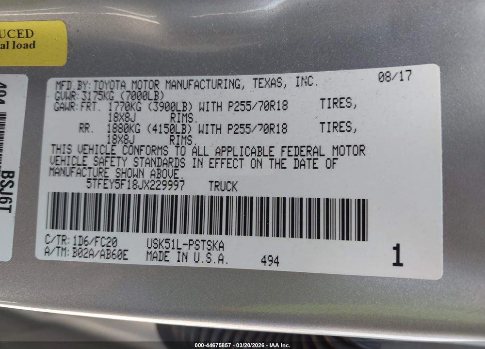 2018 TOYOTA TUNDRA SR5 5.7L V8 VIN: 5TFEY5F18JX229997