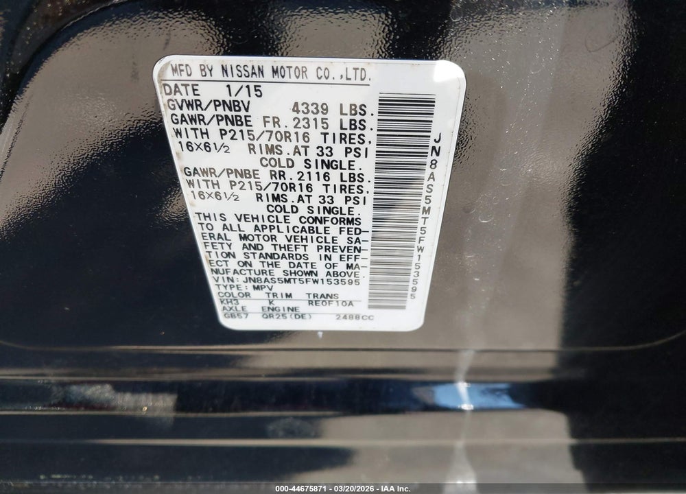 2015 NISSAN ROGUE SELECT S VIN: JN8AS5MT5FW153595