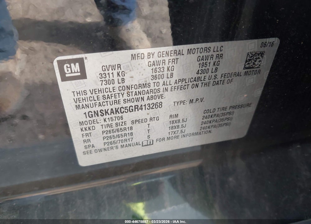 2016 CHEVROLET TAHOE LS VIN: 1GNSKAKC5GR413268