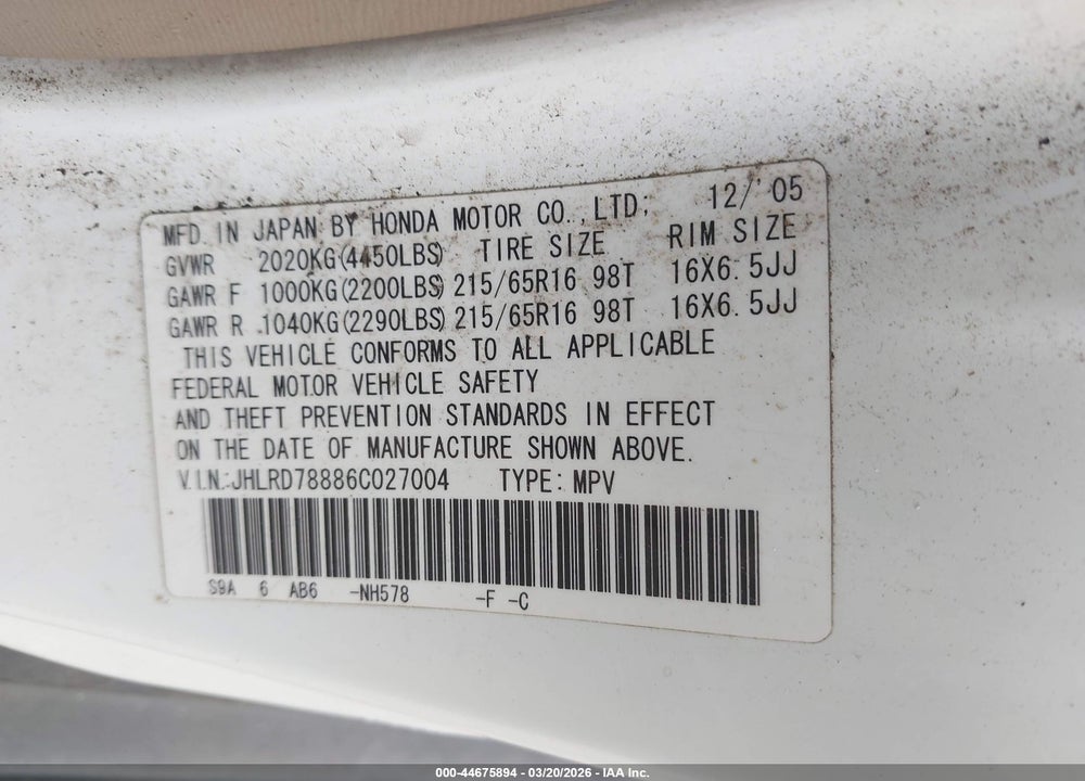 2006 HONDA CR-V EX VIN: JHLRD78886C027004