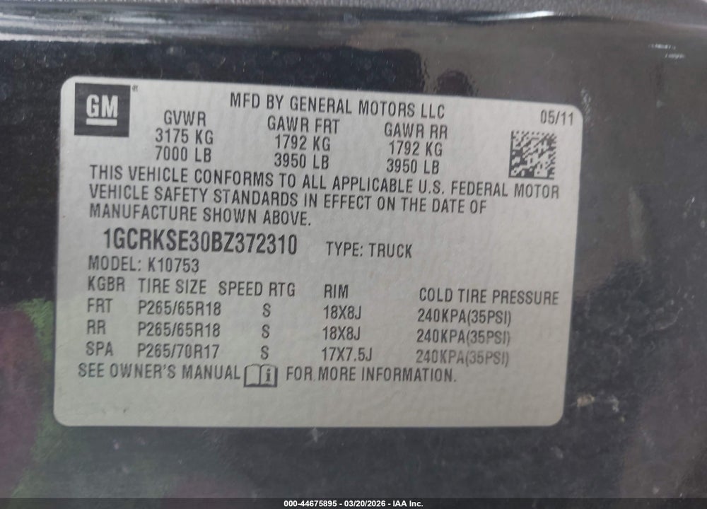 2011 CHEVROLET SILVERADO 1500 LT VIN: 1GCRKSE30BZ372310