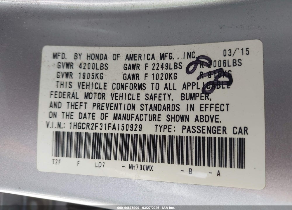 2015 HONDA ACCORD LX VIN: 1HGCR2F31FA150929