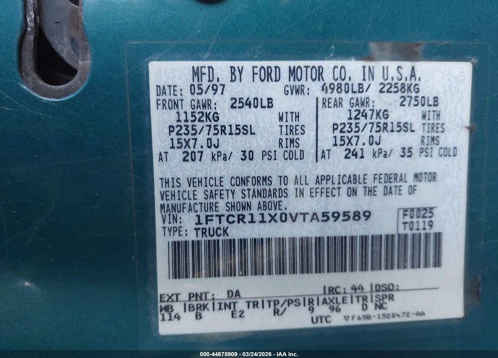 1997 FORD RANGER SPLASH/STX/XLT VIN: 1FTCR11X0VTA59589