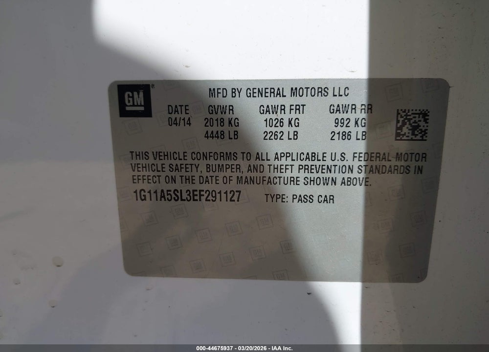 2014 CHEVROLET MALIBU 1FL VIN: 1G11A5SL3EF291127