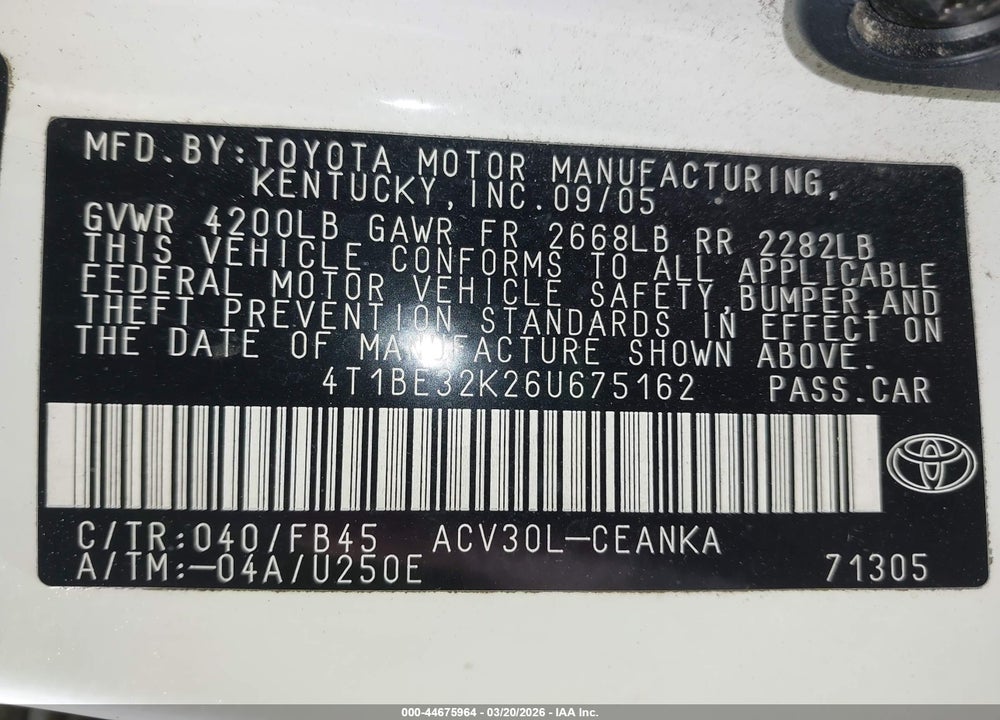 2006 TOYOTA CAMRY LE VIN: 4T1BE32K26U675162