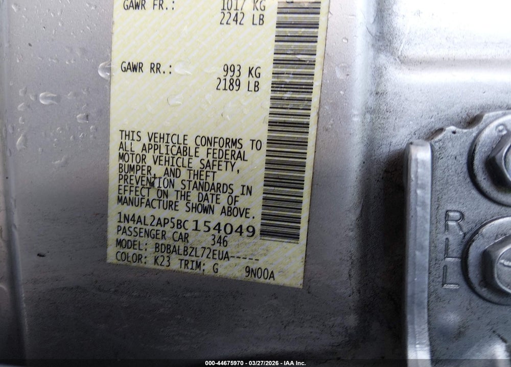2011 NISSAN ALTIMA 2.5 S VIN: 1N4AL2AP5BC154049