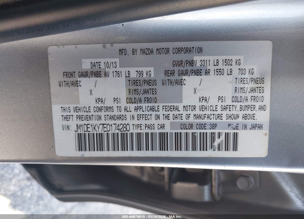 2014 MAZDA 2 SPORT VIN: JM1DE1KY7E0174280