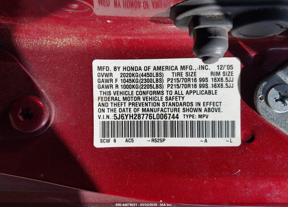 2006 HONDA ELEMENT EX-P VIN: 5J6YH28776L006744
