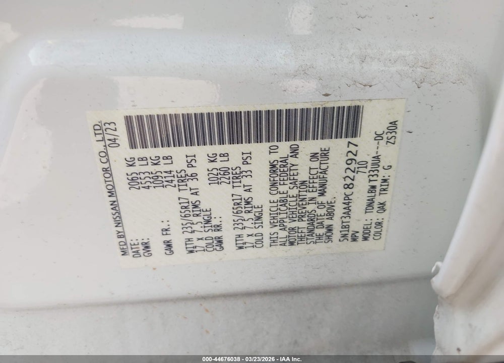 2023 NISSAN ROGUE S FWD VIN: 5N1BT3AA4PC822927