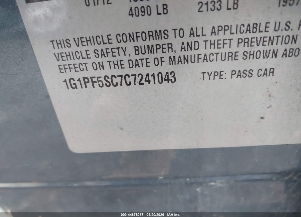 2012 CHEVROLET CRUZE 1LT VIN: 1G1PF5SC7C7241043