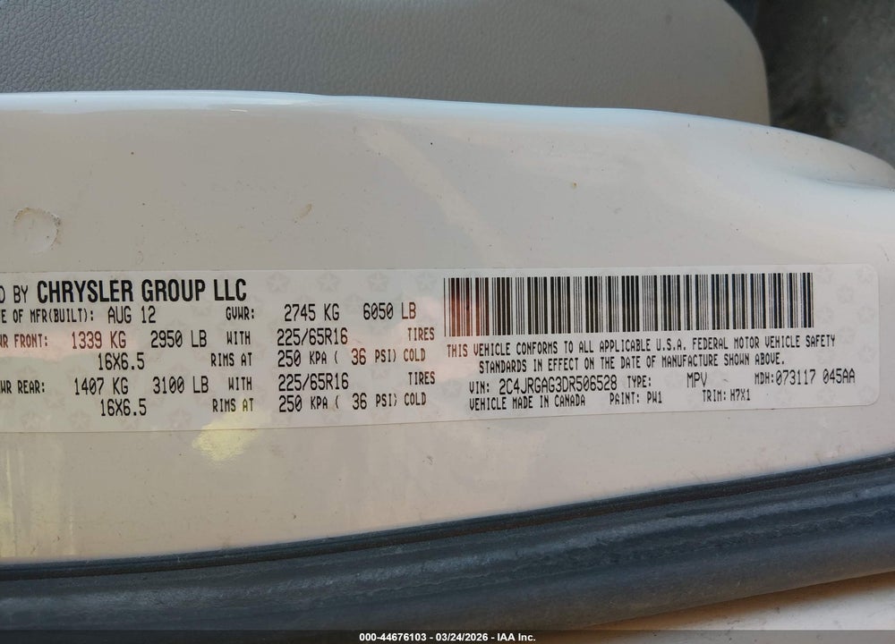 2013 RAM CARGO TRADESMAN VIN: 2C4JRGAG3DR506528