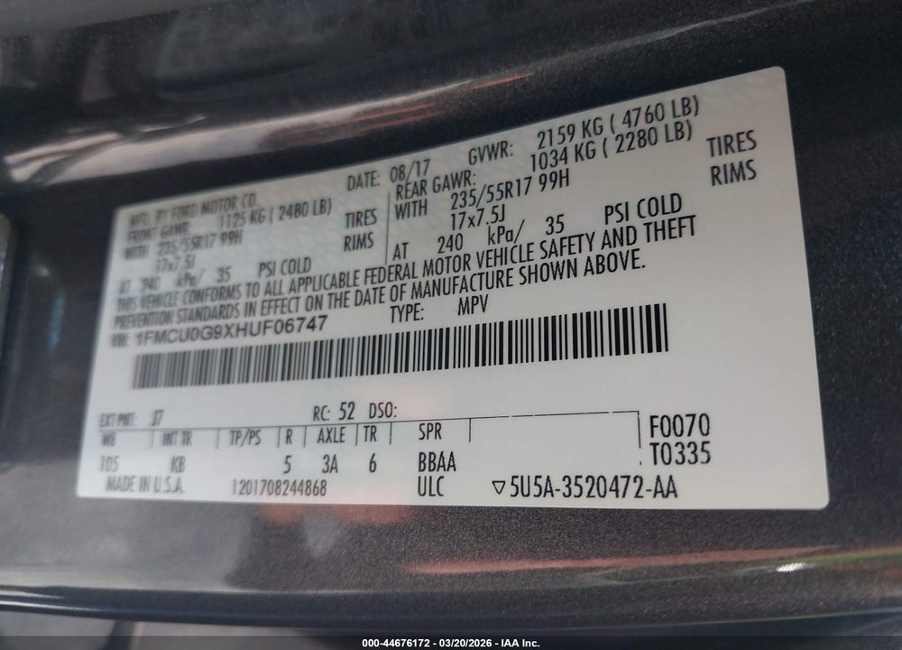 2017 FORD ESCAPE SE VIN: 1FMCU0G9XHUF06747