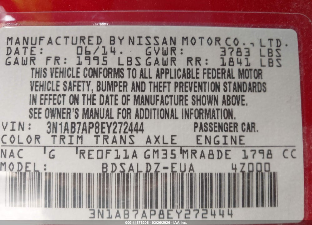 2014 NISSAN SENTRA FE+ S/FE+ SV/S/SL/SR/SV VIN: 3N1AB7AP8EY272444