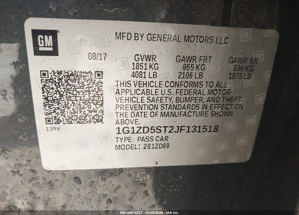 2018 CHEVROLET MALIBU LT VIN: 1G1ZD5ST2JF131518