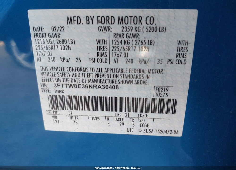 2022 FORD MAVERICK XLT VIN: 3FTTW8E36NRA36408