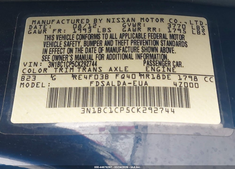 2012 NISSAN VERSA 1.8 S VIN: 3N1BC1CP5CK292744