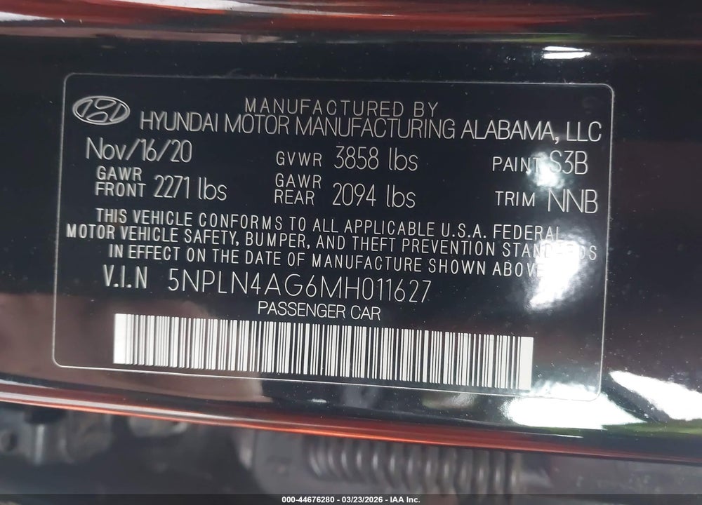 2021 HYUNDAI ELANTRA SEL VIN: 5NPLN4AG6MH011627