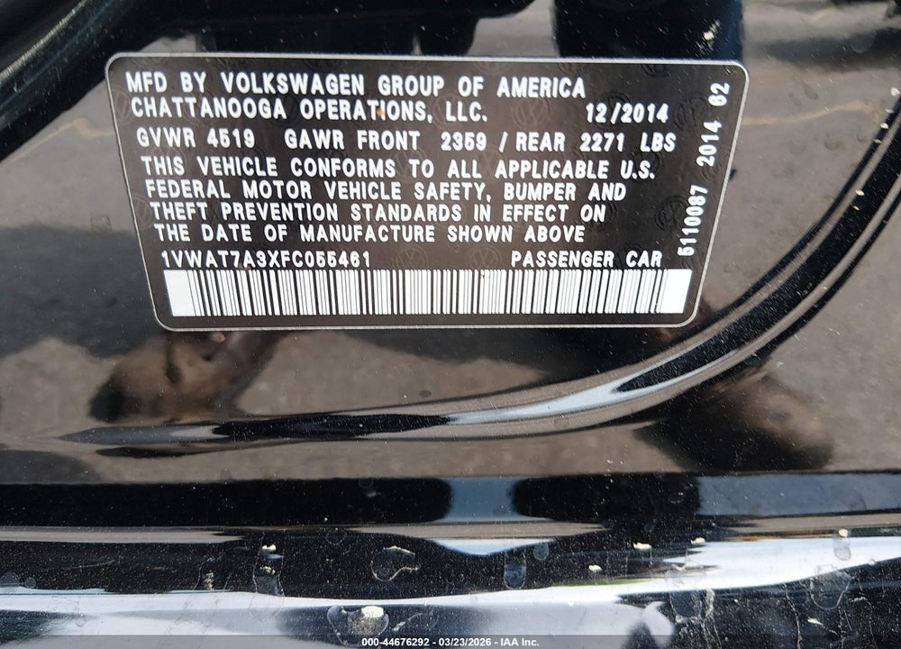 2015 VOLKSWAGEN PASSAT 1.8T WOLFSBURG EDITION VIN: 1VWAT7A3XFC055461