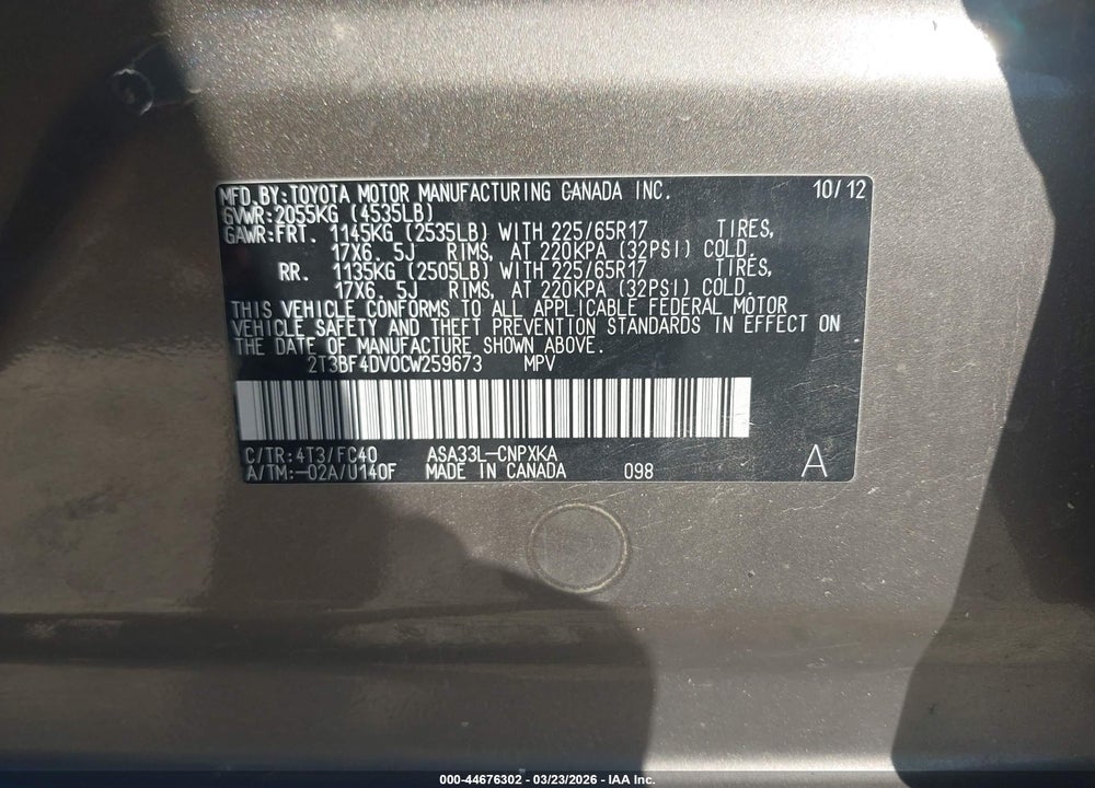 2012 TOYOTA RAV4 VIN: 2T3BF4DV0CW259673