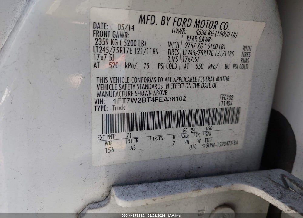 2015 FORD F-250 XL VIN: 1FT7W2BT4FEA38102
